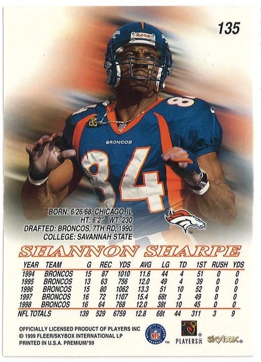 1999 Skybox Premium #135 - Shannon Sharpe - Image 2 of 2