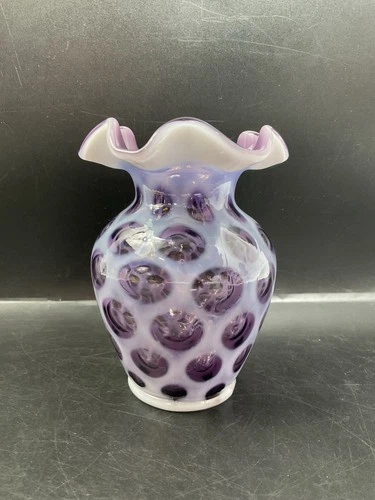 Fenton Art  Glass Violet / Purple Opalescent Coin Dot 5.25” Tall Ruffled Vase