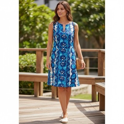 Talbots Linen Midi Dress 8 Batik Tribal Blue Office Brunch Work Preppy 