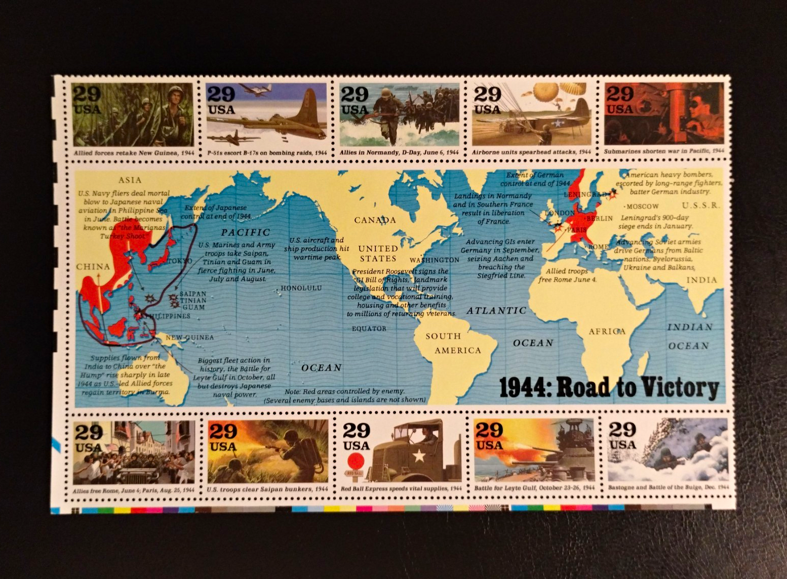 USPS WWII 1944: Road to Victory 29¢ Stamp Sheet, 1991-2000, MNH, Uncancelled