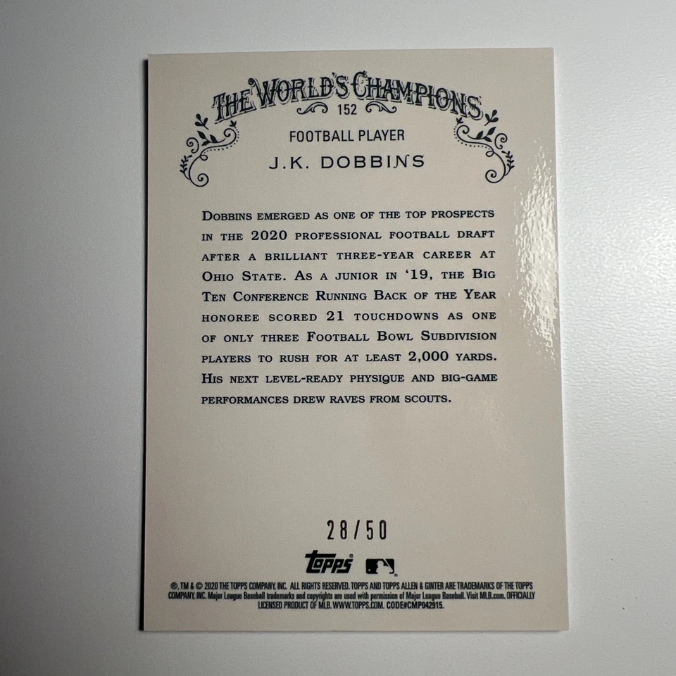 2020 Topps Allen & Ginter Chrome Refractor /50 JK Dobbins #152 Rookie RC - Image 2 of 4