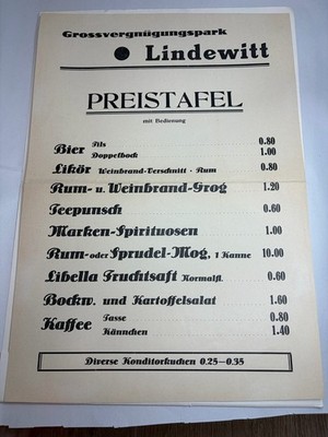 Vintage Preistafel Speisekarte Lindewitt alt Restaurant Karte Deko
