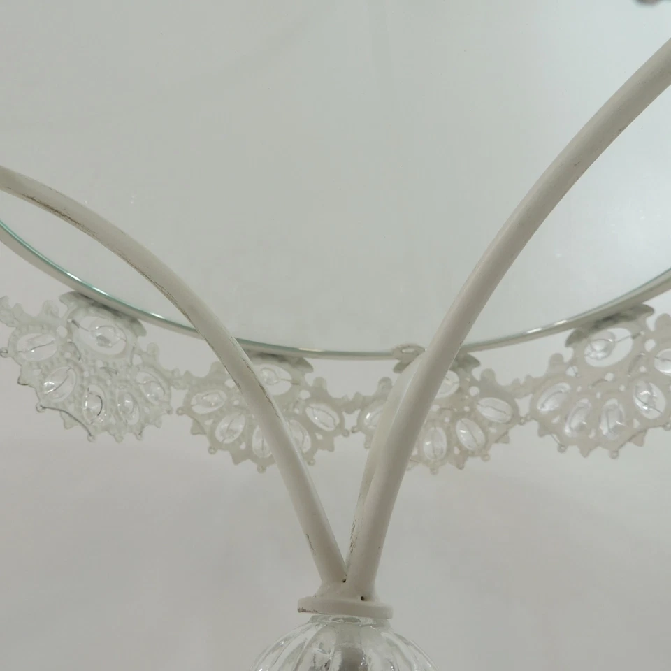 White Iron Shabby Pedestal Cupcake Stand Cake Plate Faux Crystal Beads & Lace - Image 4 of 4