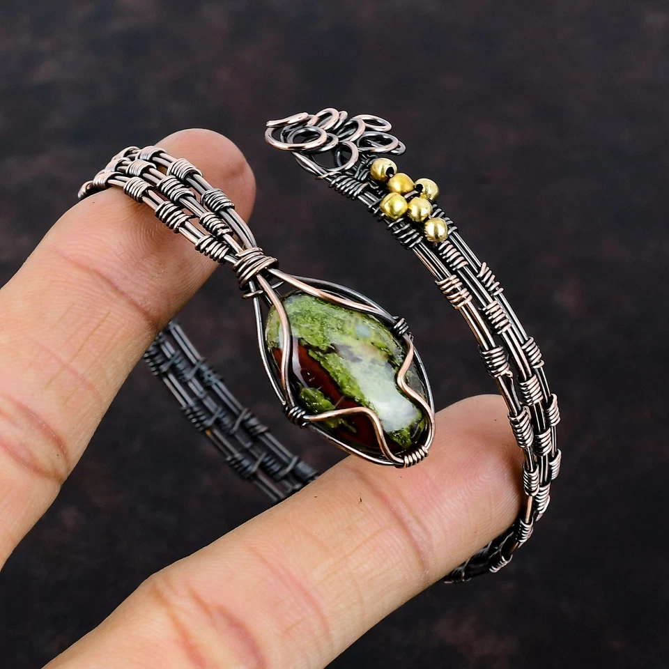 Natural Dragon Bloodstone Bangle Wire Wrapped Green Adjustable Unknown Copper - Image 3 of 4