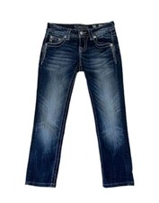 Miss Me Signature Crop Jean SZ 24 Angel Wing Blue Denim Stretch Stud Embroidered