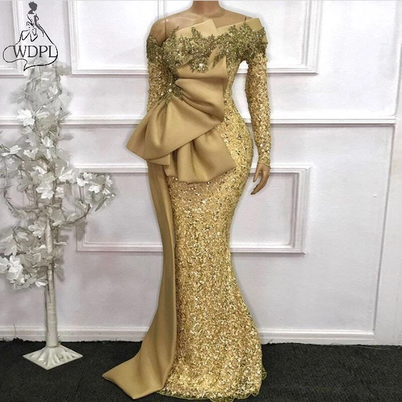 chinese dress ladies Gold Beads Appliques Fit and Flare Prom Dresses Off-The-Shoulder Tulle Ruffles Evening Gowns