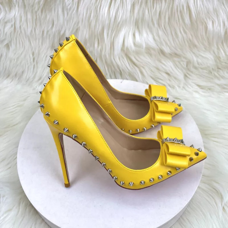 Women s Pump Yellow Heels Club Bow Studded Stiletto Shoes Pointed