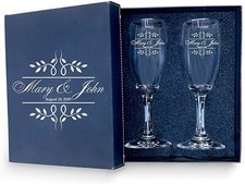 Bride  Groom Date Flutes-Set of 2 Personalized Wedding Champagne Glass with box