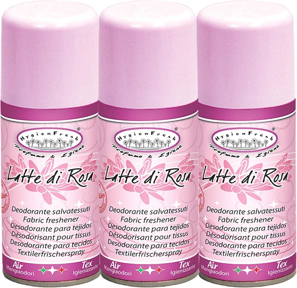HYGIEN FRESH 3 X HygienFresh Spray Deodorante Salva Tessuti e Ambiente LATTE DI ROSA 150 ML