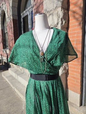Vtg 1940s Eisenberg Originals Green Black Vine Voile Cotton Summer Dress V Neck
