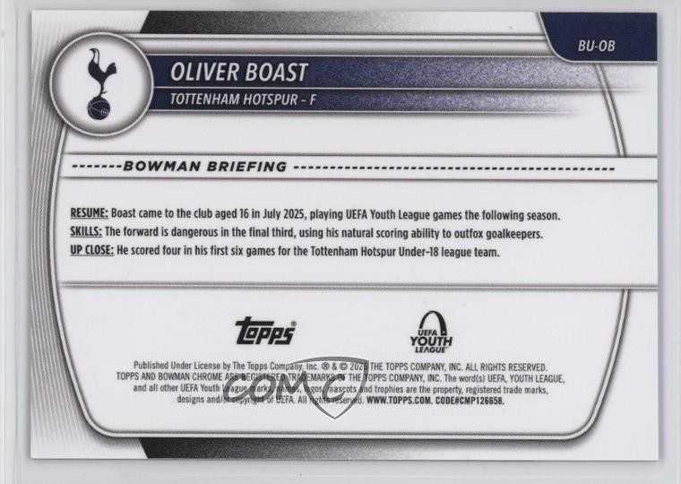 2025 Topps Chrome UEFA Club Competitions Bowman Youth League Oliver ...