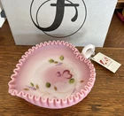 Gorgeous !!! Fenton Family Signed Pink  Ruffled Rosalene Glass Heart Shaped Dish