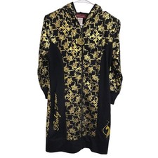 Vintage Y2K Baby Phat Hooded Zip Sweater Dress Gold Baroque Graphic Metallic M