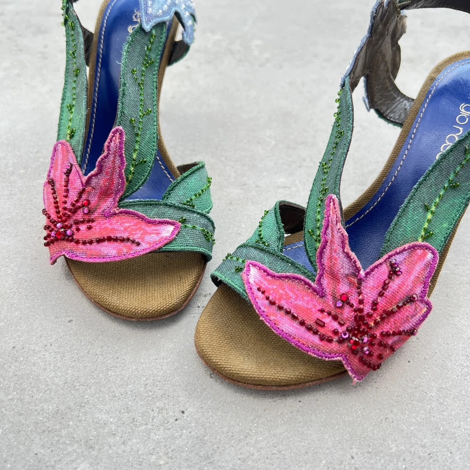Sergio Rossi | Flower Lily Beaded Sandal Heels Pink Green Blue Canvas(34) - Image 3 of 4