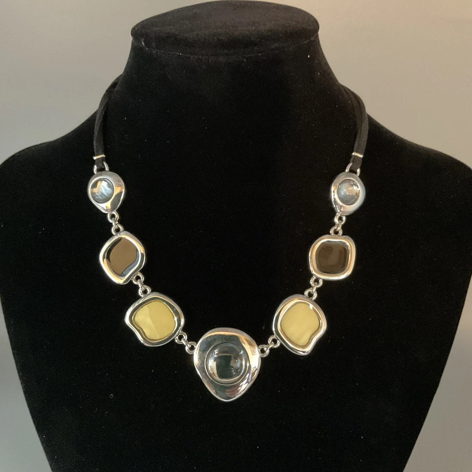 Lia Sophia 16” Milky Way' Black Yellow MOP Glass Silver Tone Necklace - Image 2 of 4