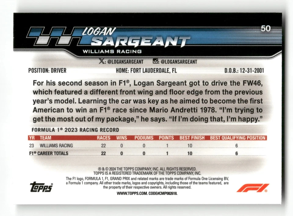 2024 Topps Paddock Pass Formula 1 - X-Fractor - #50  Logan Sargeant - Image 2 of 2