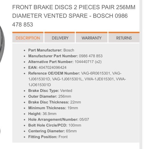 2x Brake Discs Pair Vented Front 256mm 0986478853 Bosch Set 1J0615301L 6QD615301 - Picture 8 of 24