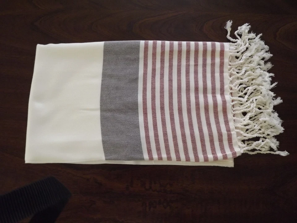 土耳其棉竹浴沙滩毛巾 Peshtemal 深蓝色红色 Marina 系列  — 第 3/4 张图片