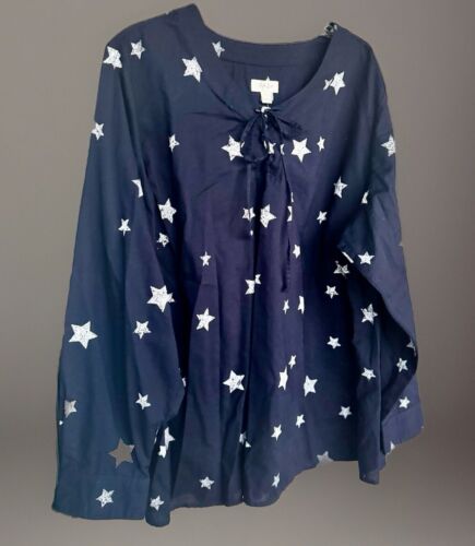 Style & Co Womans Tunic Blue With White Stars Long Sleeve Pullover Size 3XL NWT