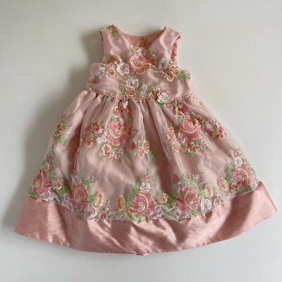 Laura Ashley London Peach Floral Appliqué  A Line Dress Girls 4