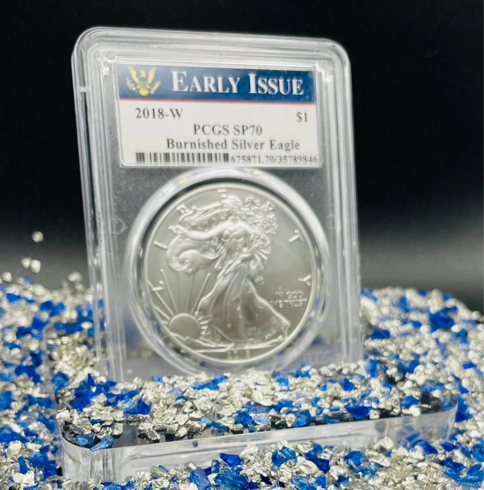 Burnished 2018 W $1 Silver Eagle Early Issue PCGS SP70 Rare Blue Label 1 of 3774 - Image 4 of 4