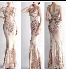 Gold, Floral,V Neck, Round Back, Sleeveless, Beaded, Sequined, Mermaid Gown