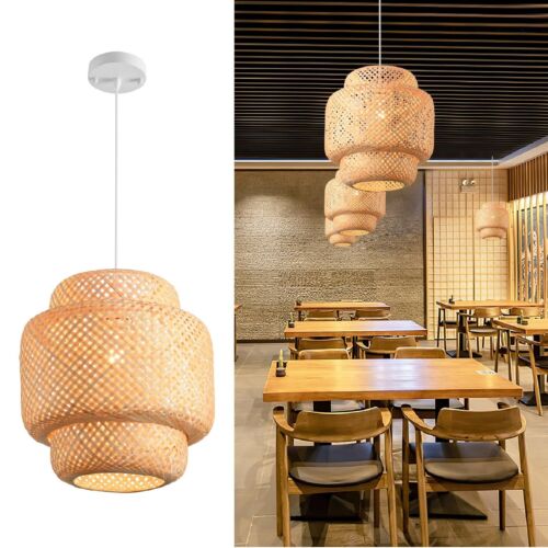 Bamboo Pendant Light Kitchen Island 11.7in Hand-Woven Rattan Dining Room Ligh...