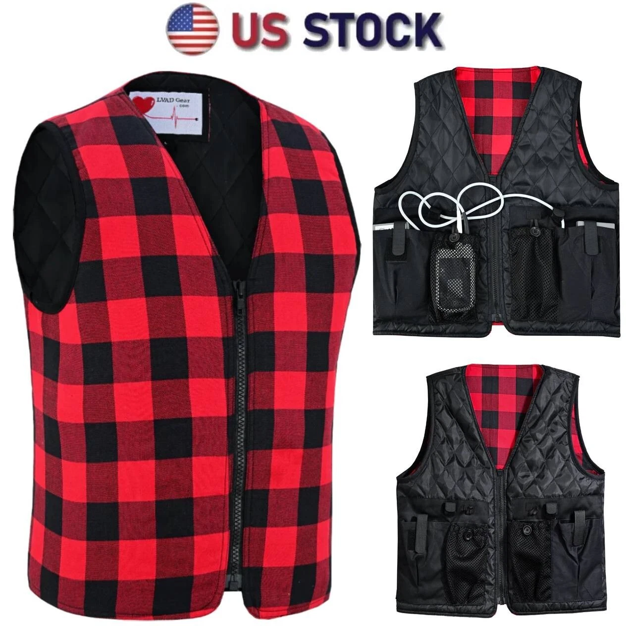 LVAD Classic Red Flannel Vest Functional for LVAD Wearers With Battery pockets