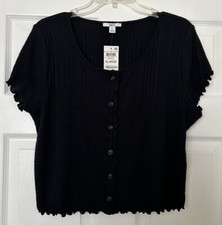 Bar III Womens Ribbed Cropped Cardigan Black Casual Button Front Top XL