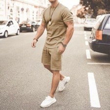 T-Shirt Men Fashion Beige Short Sleeve Fitness Sport Suit Tracksuit w Shorts SET