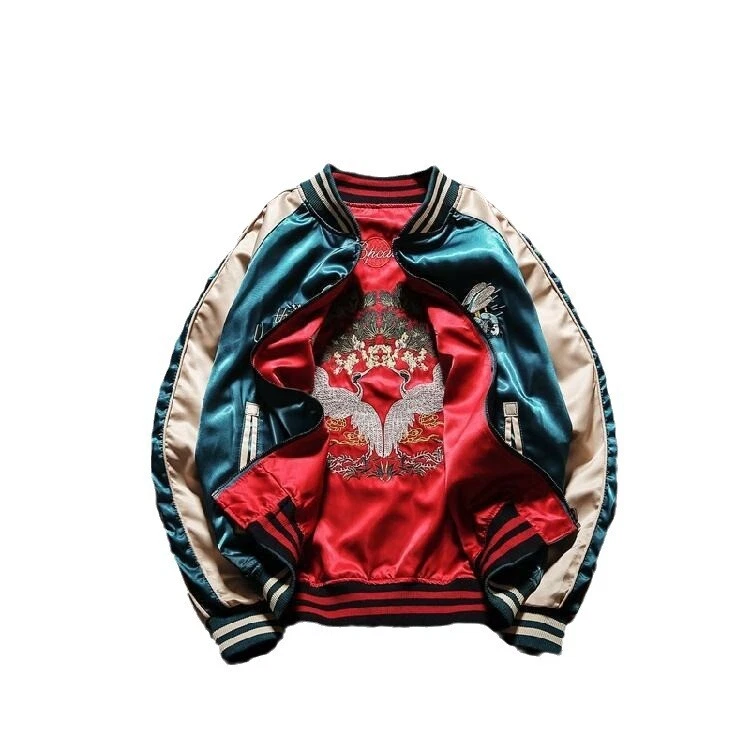 honeybee Womens Bomber Sukajan Satin Coat Embroidery Baseball Reversible Jacket - Image 2 of 4