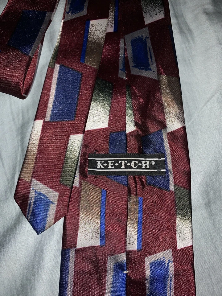 "Corbata Ketch Classic granate con patrón de paneles plateados/azules 57"" L 4"" W" Foto 3 de 3