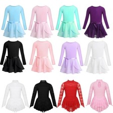 Girls Dance Gymnastic Dress Long Sleeves Cotton Leotard Chiffon Tied Skirt Set