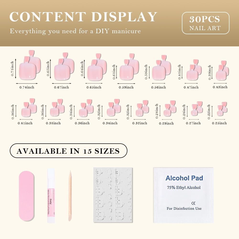 evpct Gradient Color Press on Toenails Square Short, Pink Faded into White Pr...