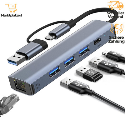USB Type-C auf Ethernet Adapter Gigabit RJ45 LAN 1000 Mbit/s mit 3 USB 3.0 Ports