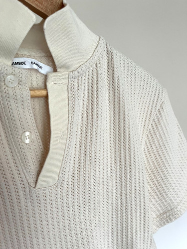 Samsoe Samsoe Sajase Polo Shirt - Short Sleeved Open Knit - Size Small - Cream
