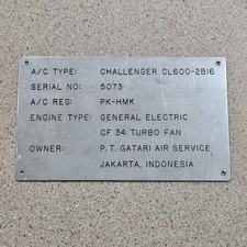 Aviation Plane Challenger CL600-2B16 GE Motor Jakarta Indonesia Data Plate Tag