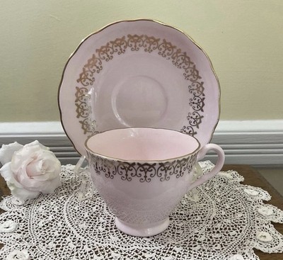 Vintage Crown Essex Teacup Saucer Set Pink Bone China Gold Trim Filigree England