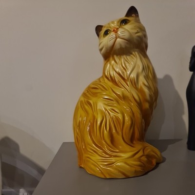 Vintage Keramik Ingwer Katze sitzend Statue groß 14'' gelbe Augen