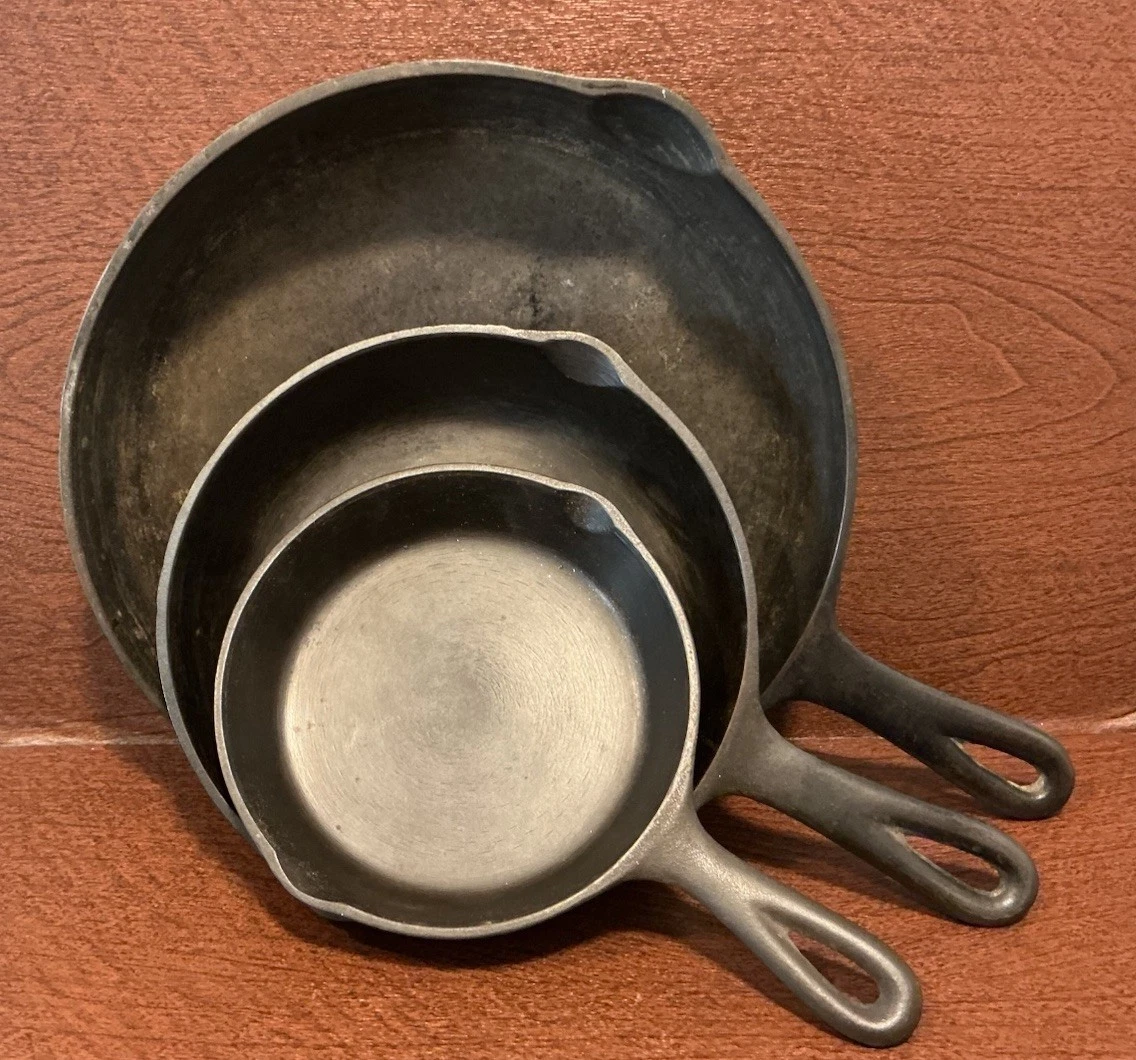VTG. BIRMINGHAM STOVE & RANGE ~ THREE PC. CAST IRON SKILLET SET~ # 3, # 5, & # 8