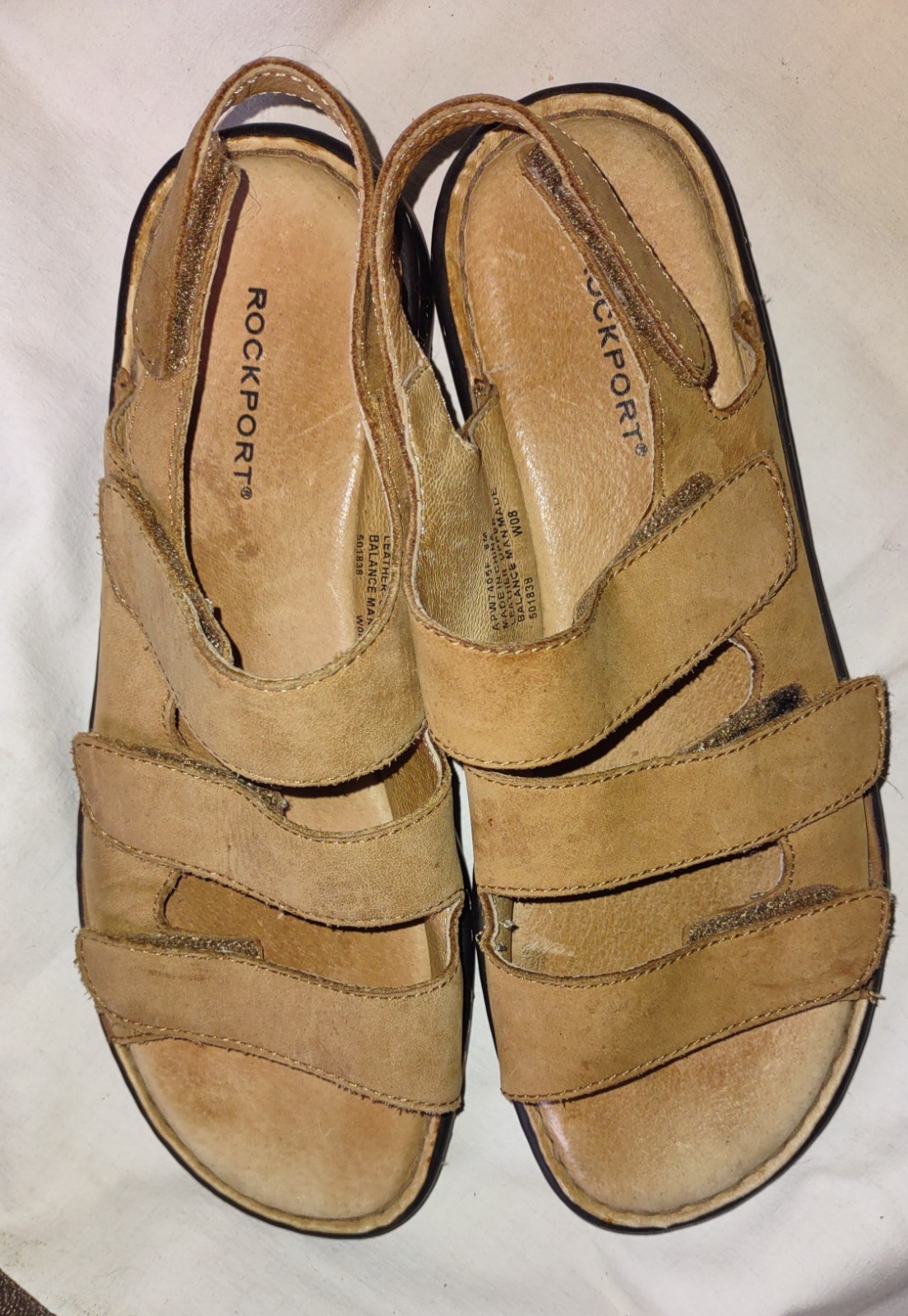 Rockport Women's Leather Sandals,Velcroo Straps, Flat, Tan, Size 8