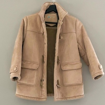 Apple Patch Tan Faux Suede Shearling Lined Toggle Duffle Coat Size 11