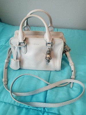 Authentic Alexander McQueen Mini Skull Padlock Satchel   Light Grey Leather