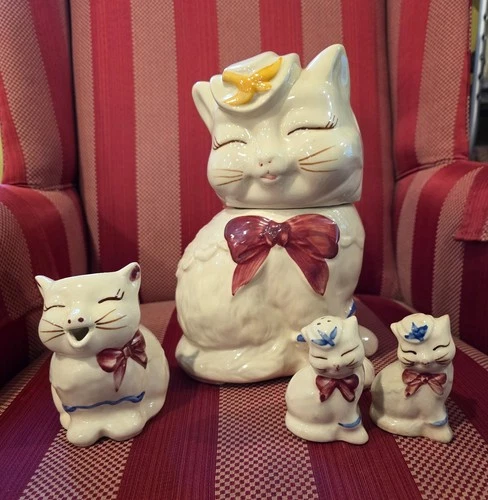 1940s Vintage Shawnee Puss n Boots Cat Cookie Jar, Creamer, Salt & Pepper Shaker