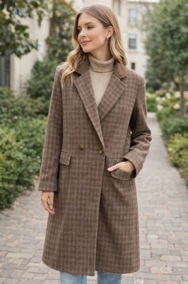 Hem & Thread Brown Plaid Long Coat Women s M/L Corduroy Double Breasted NWT