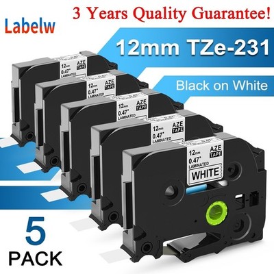 5PK 12mm Label Tape For Brother P-Touch Cube H110 TZ-231 TZe-231 Black on White