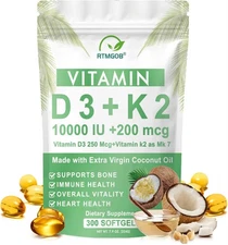 Microingredients Vitamin D3 10000 iu K2 (MK-7) 200 mcg, 300 Coconut Oil Softgels