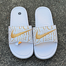 Nike Just Do It Slide Sandals White/Gold Logo...