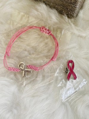Pink Macramé Bracelet with Awareness Ribbon Charm and Matching Ribbon Pin