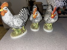 Juego de 3 estatuillas de pollo Crown China pintadas a mano de porcelana Plymouth Rock